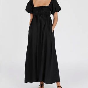 BNWT DISSH Bianca Black Linen Smocked Maxi Dress Puff Sleeves